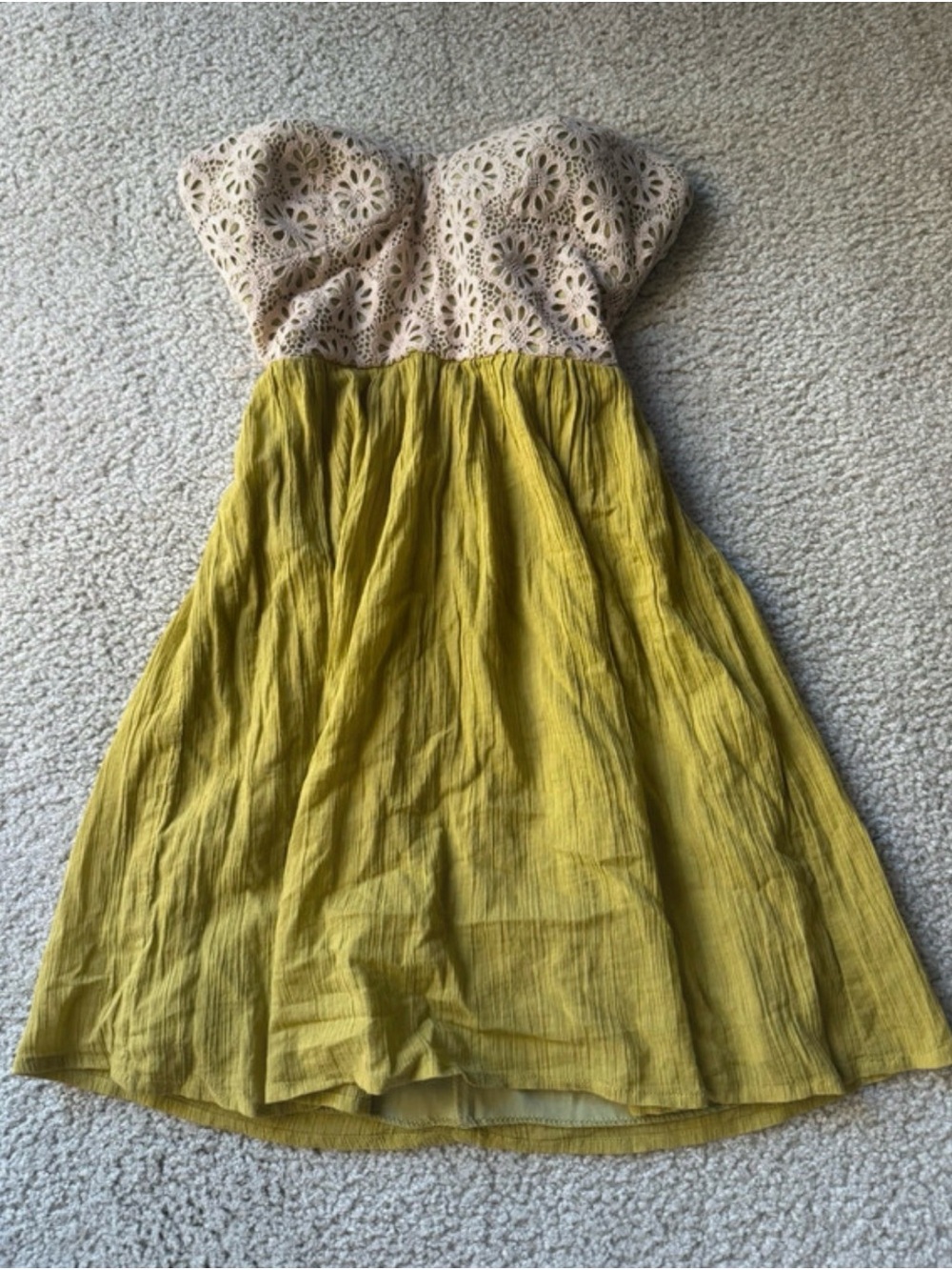 City Studio Strapless Midi Dress in Yellow and Cream Crochet Bodice